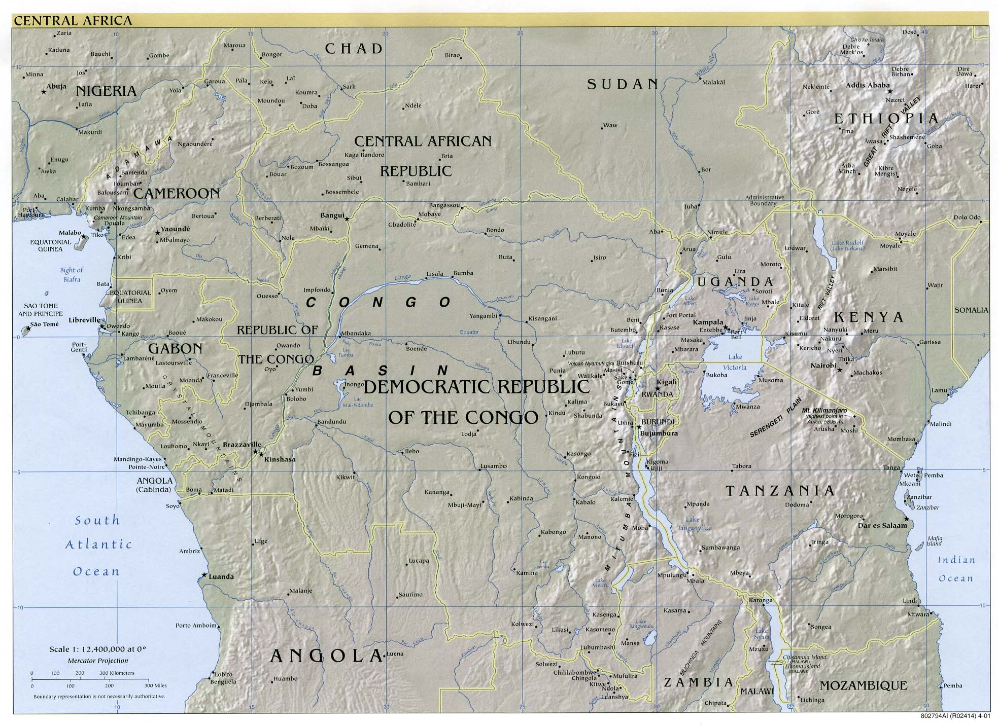 Central Africa physical map 2001 Full size