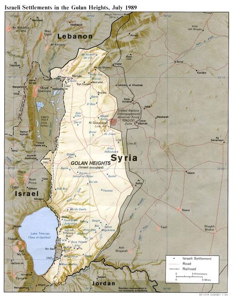 Israeli Settlements in the Golan Heights Physical Map 1989