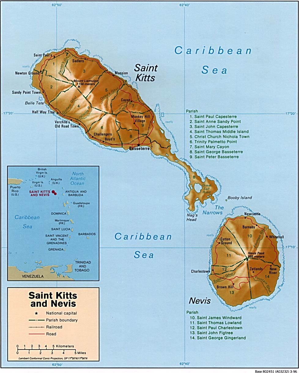 Mapa Físico de San Cristóbal y Nieves 1996 Tamaño completo Gifex
