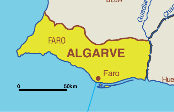 Mapa do Algarve com legendagem em L.G.P.