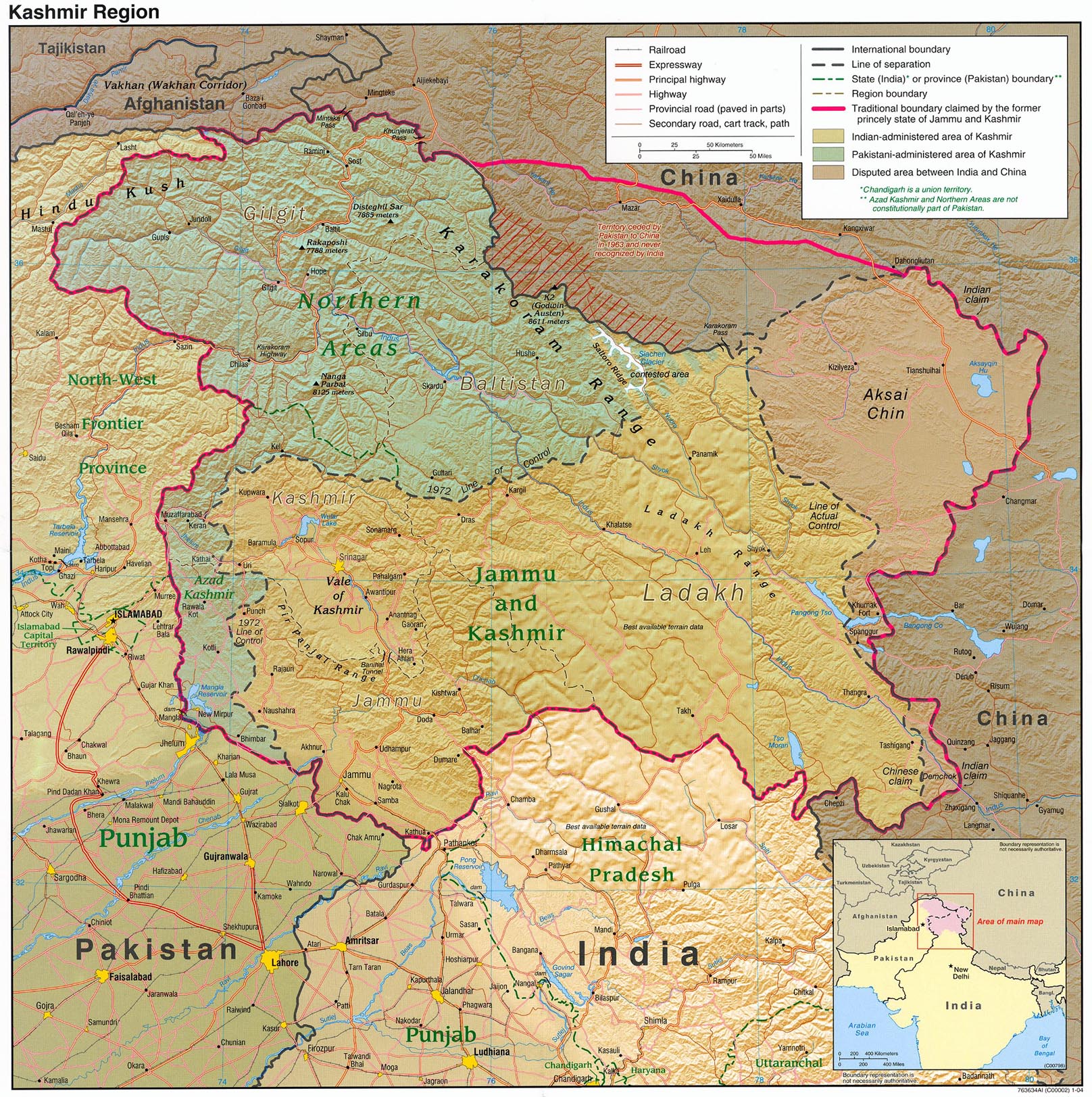 Kashmir Region Physical Map 2004 Full size Gifex