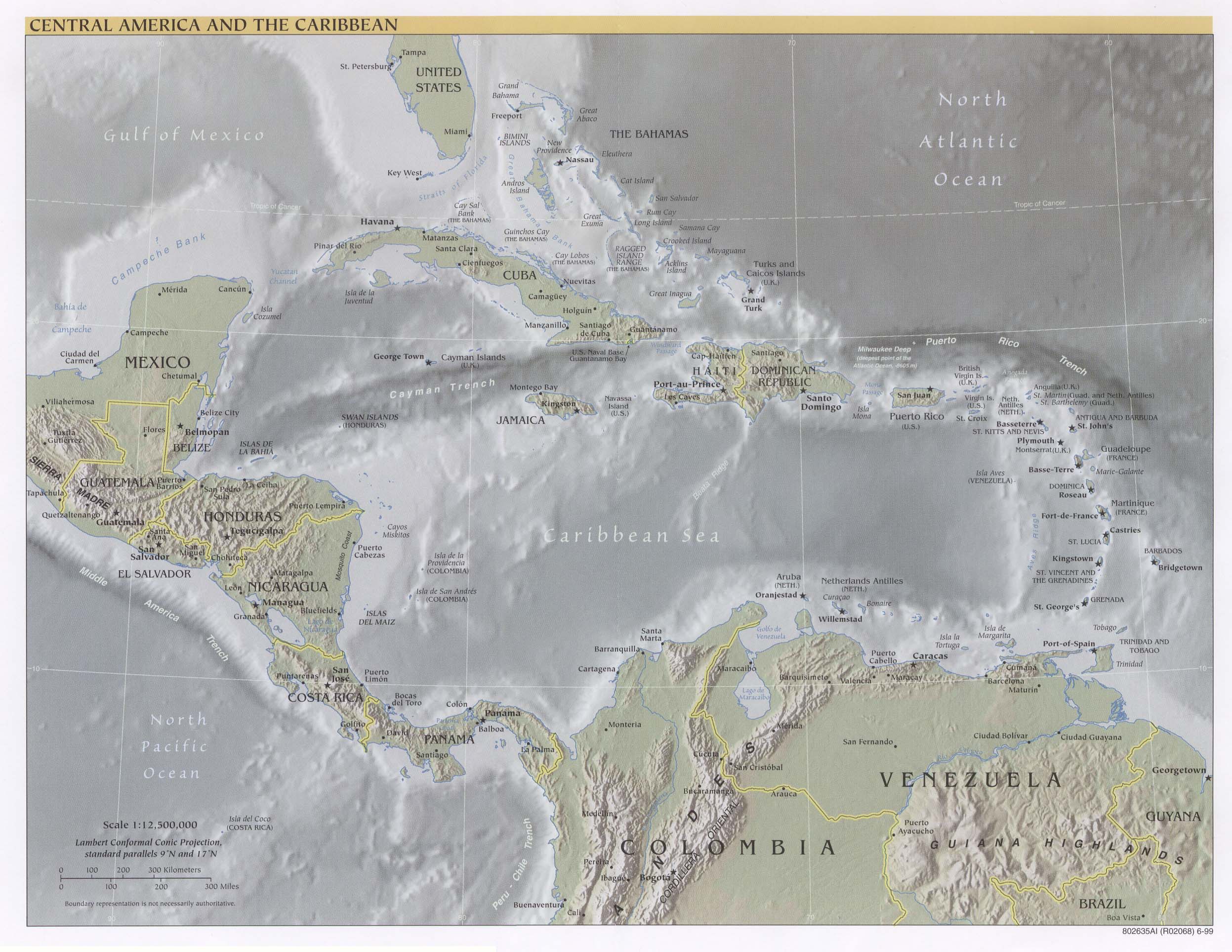 Central America and the Caribbean - Central America And The Caribbean Physical Map 1999