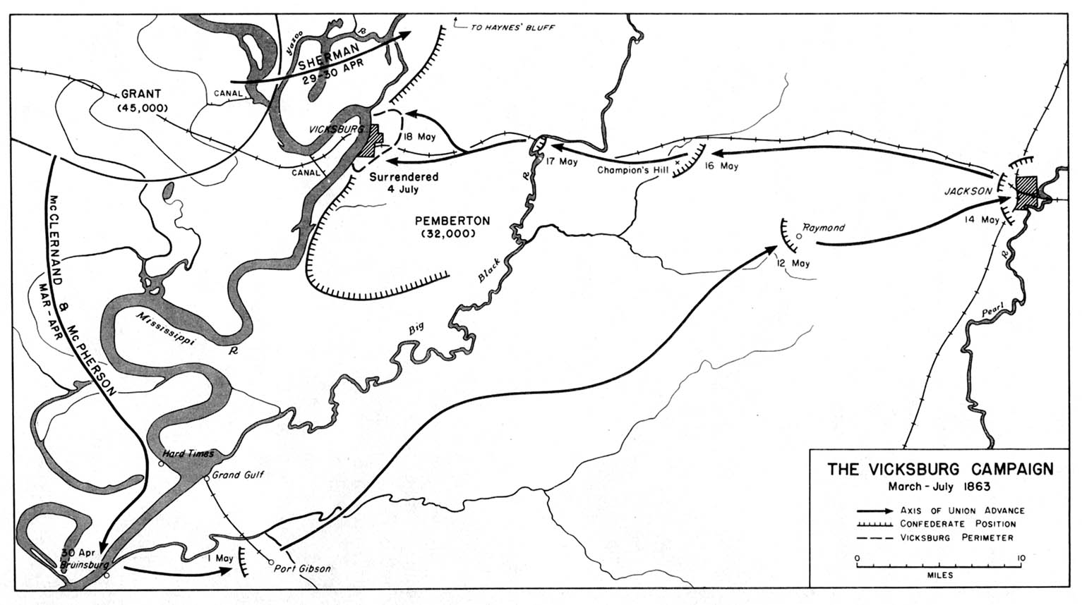Map of the Vicksburg Campaign, American Civil War, March-July 1863 