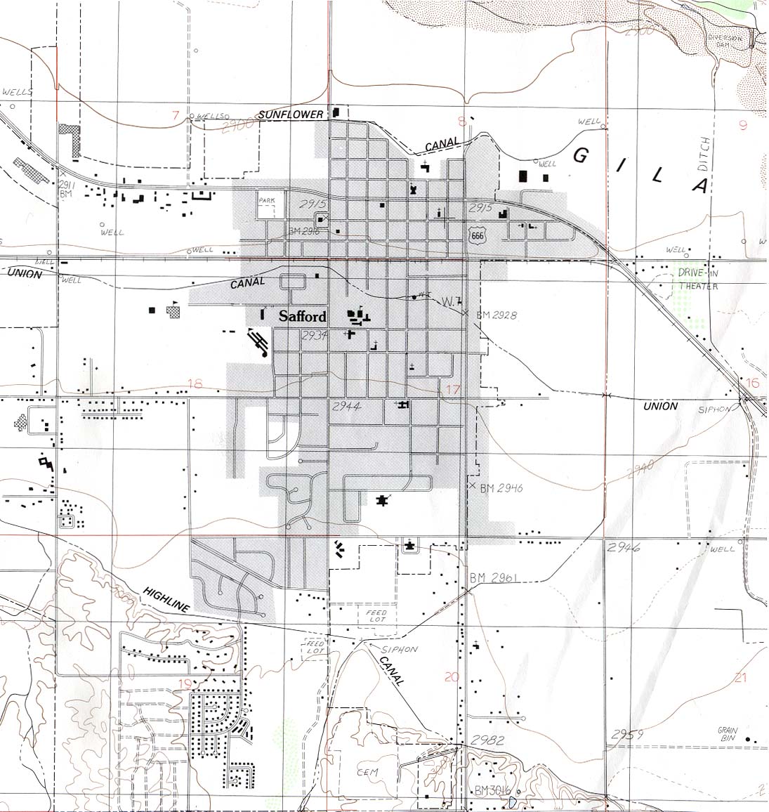 Safford Topographic City Map, Arizona, United States Full size