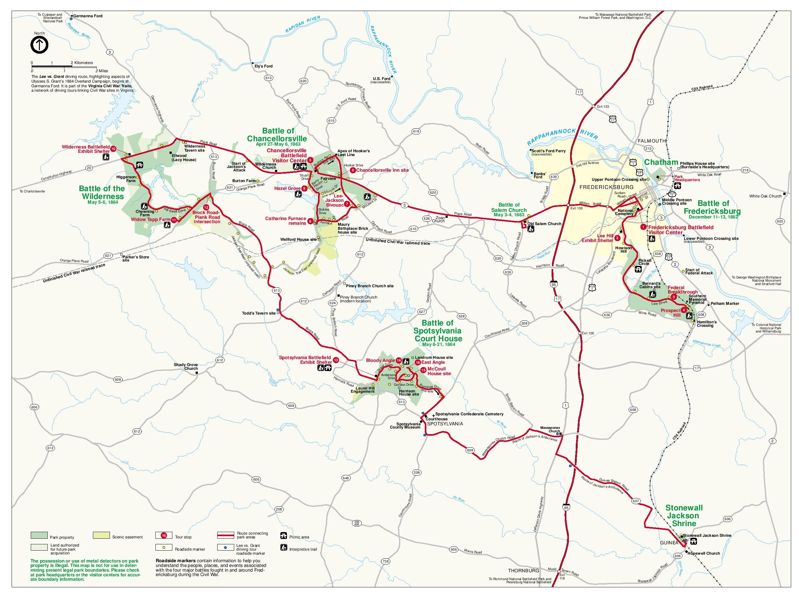 Fredericksburg and Spotsylvania National Military Park Map - Full size