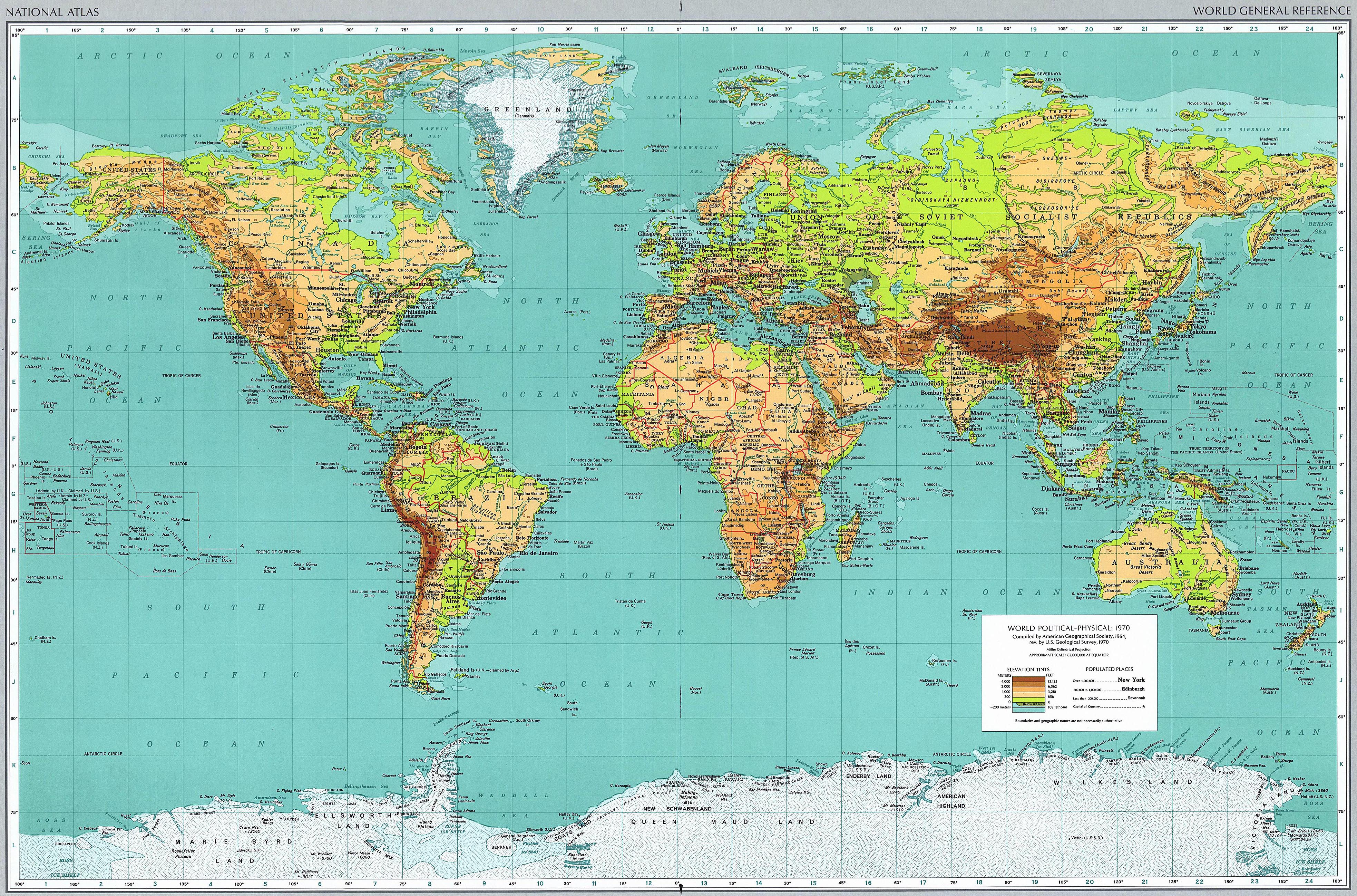 world physical map 1970 full size