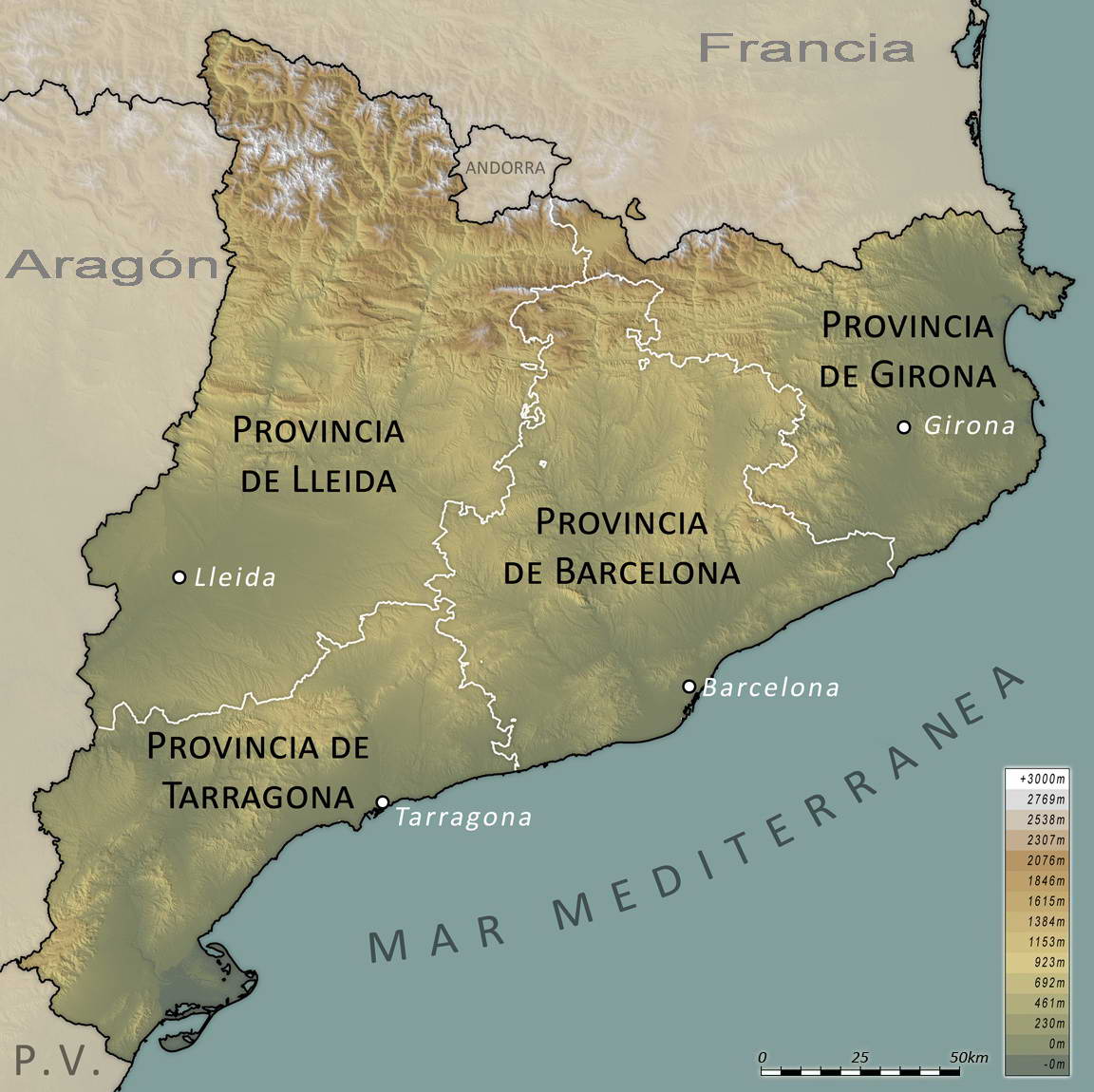 Mapa físico provincial de Cataluña Tamaño completo Mapa físico provincial de Cataluña Tamaño completo
