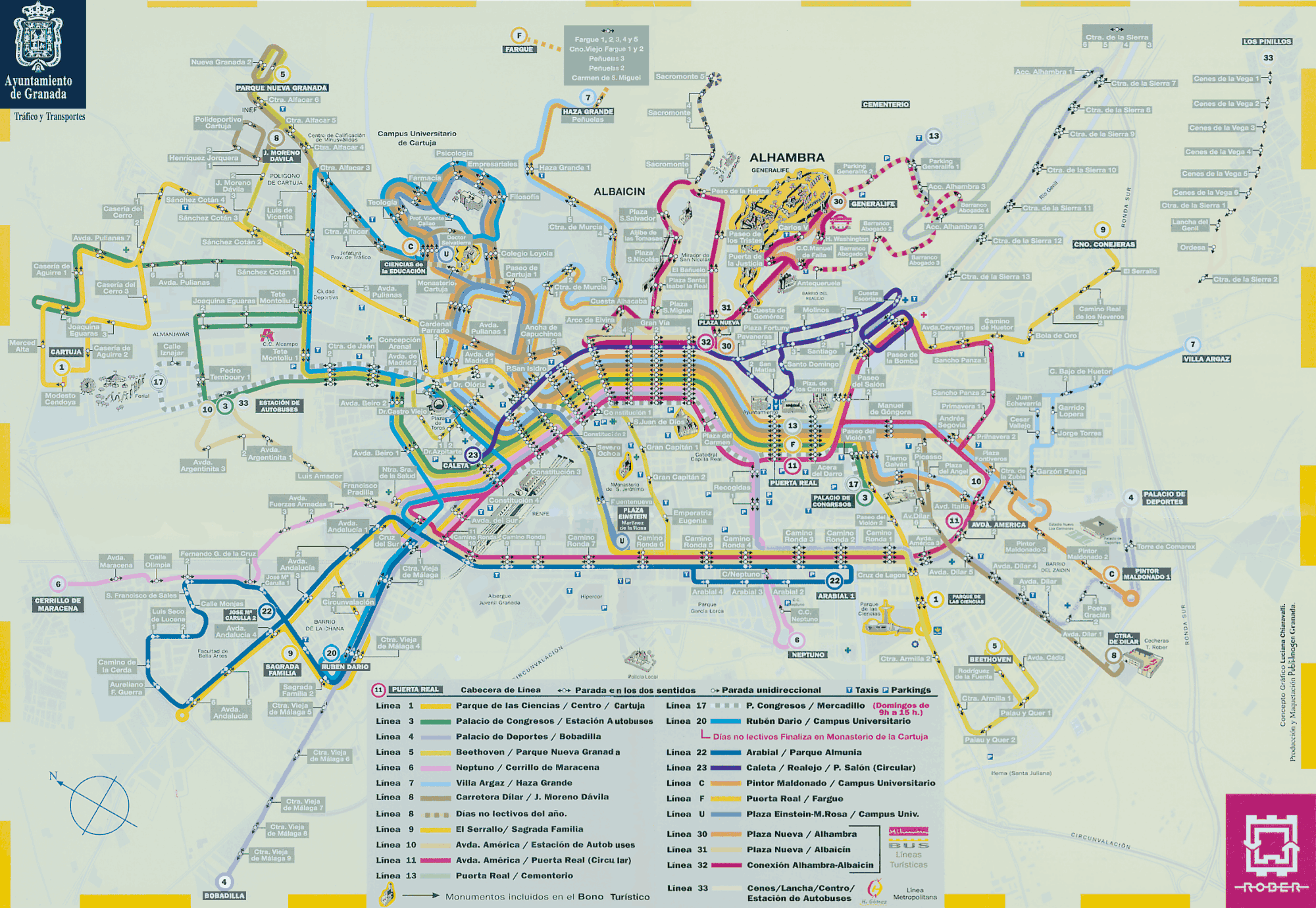 Líneas de Autobus urbano de Granada 2004 Tamaño completo
