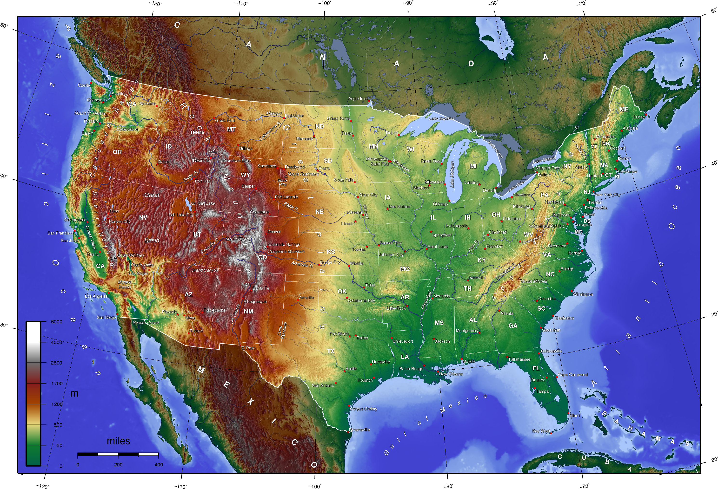 Mapa físico de Estados Unidos - Tamaño completo | Gifex