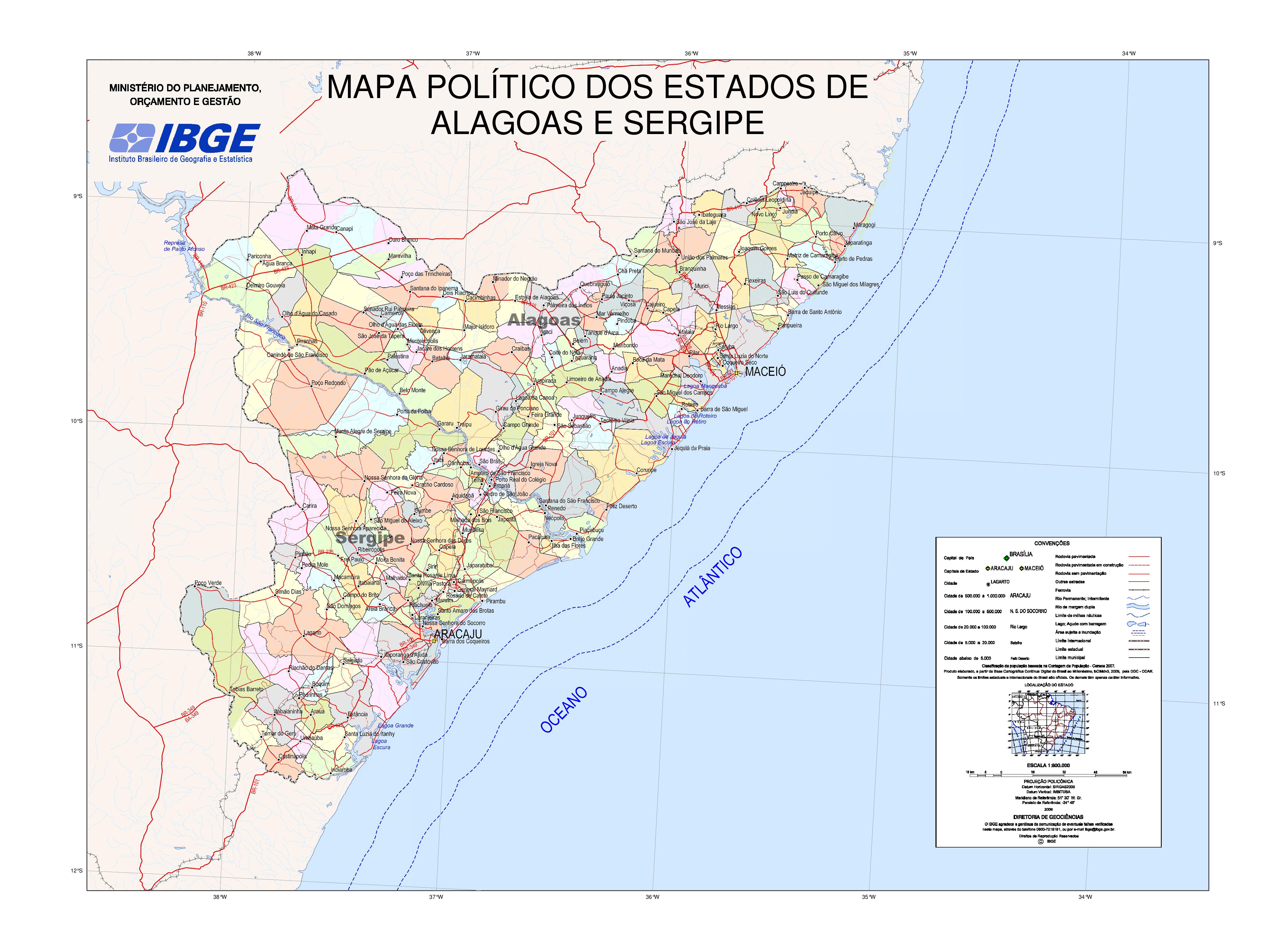 Mapa politico del Estado de Alagoas, Brasil Tamaño completo Gifex