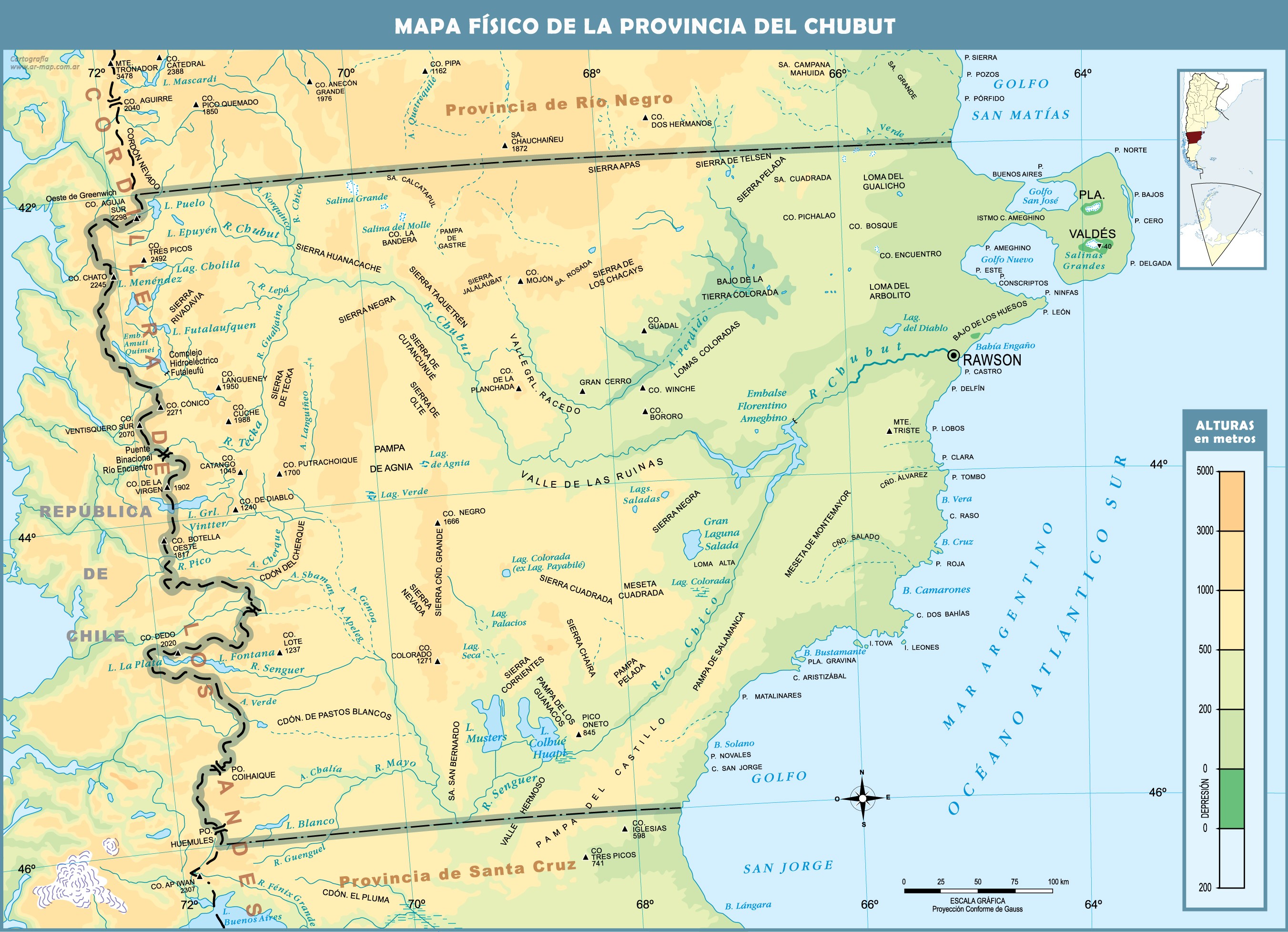 Mapa físico de la Provincia del Chubut Gifex