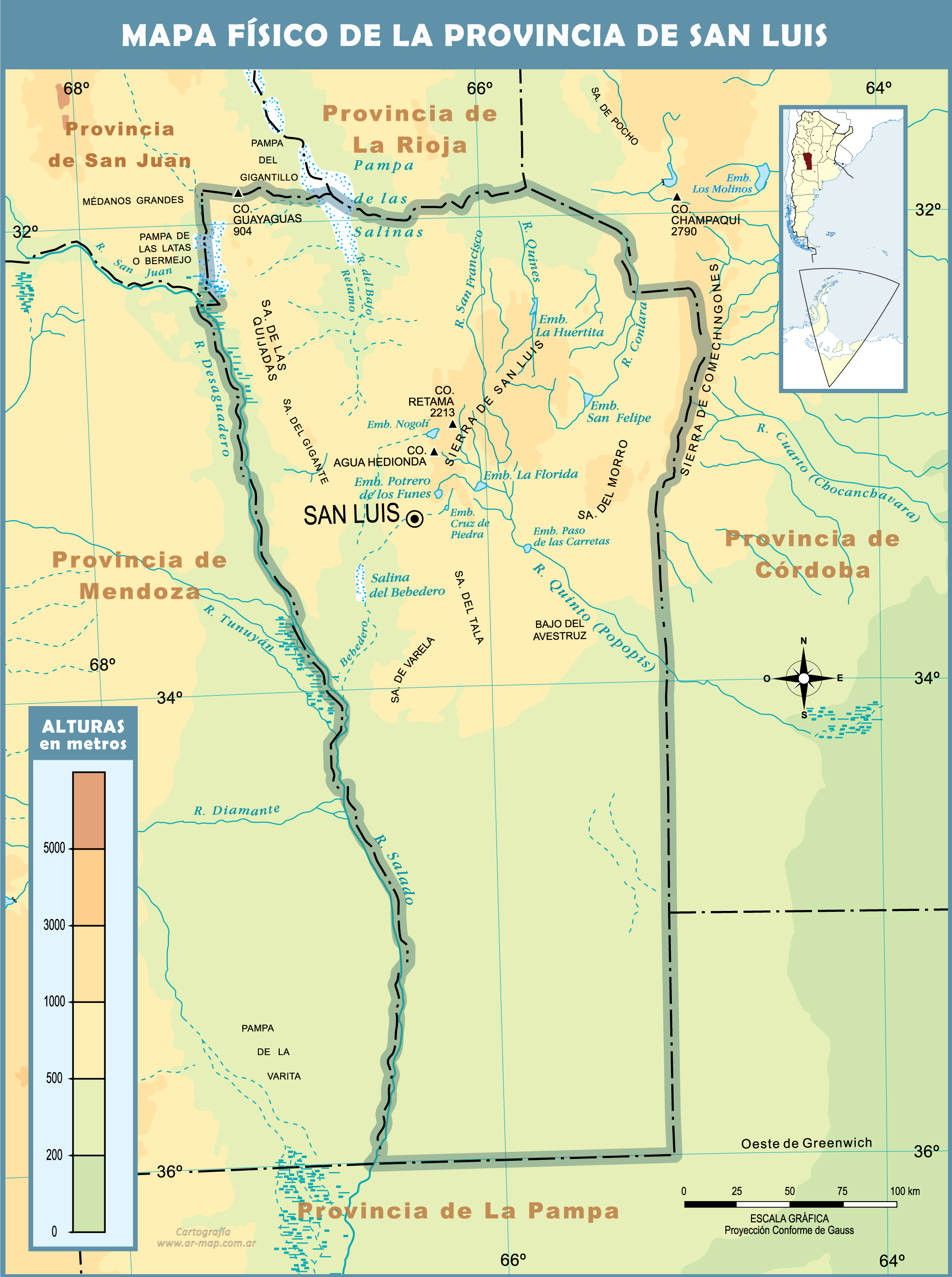 Physical map of the Province of San Luis, Argentina | Gifex