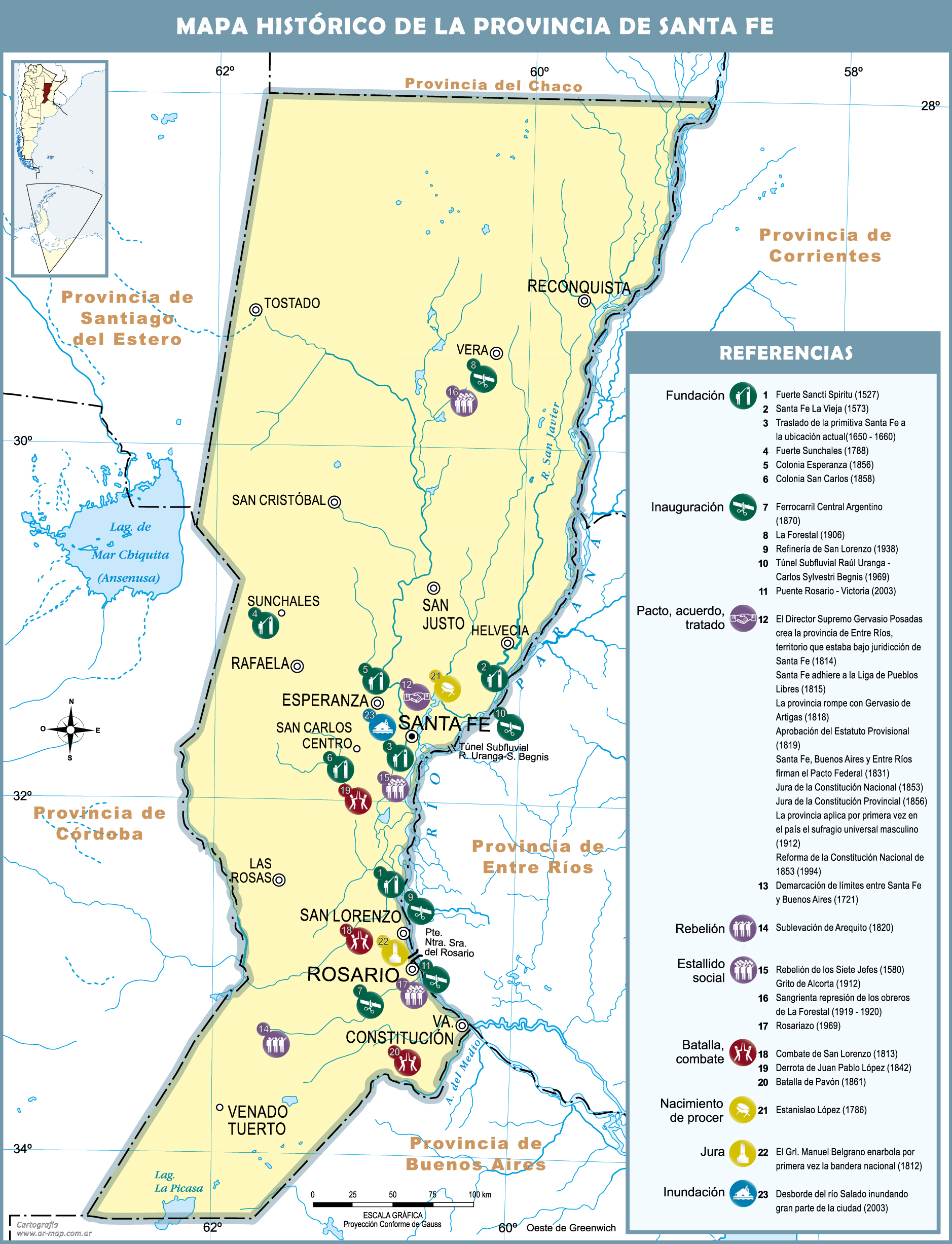 Mapa histórico de la Provincia de Santa Fe, Argentina - Tamaño completo