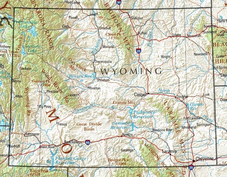 Mapa físico de Wyoming Tamaño completo Gifex