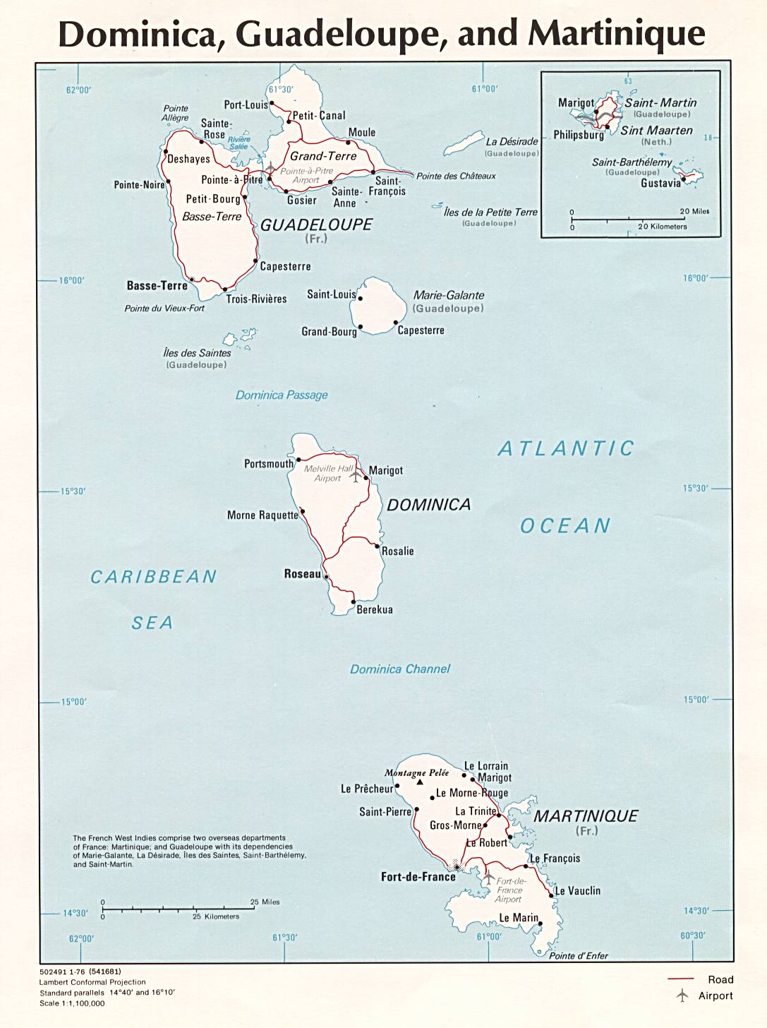 Dominica, Guadeloupe and Martinique Political Map