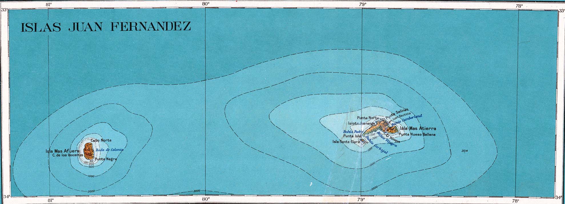 Juan Fernandez Islands Topographic Map, Chile 1927