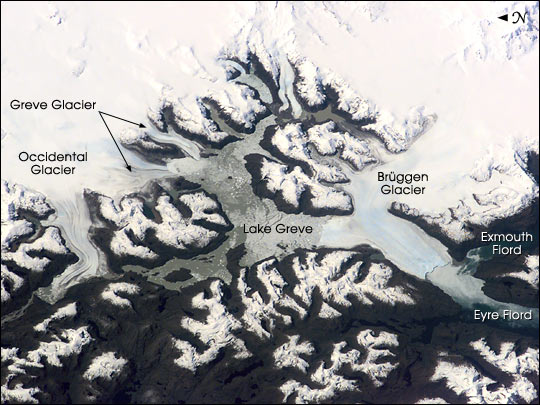 Mapa Satelital, Foto, Imagen Satelite de Brüggen, Greve, Glaciares (Occidente), Lago Greve, Chile