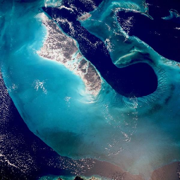 Satellite Image, Photo of Andros Island and Tongue of the Ocean, Bahamas
