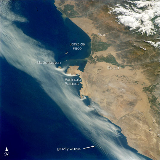 Satellite Image, Photo of Pisco Area, Peninsula Paracas and Isla Sangayan, Peru