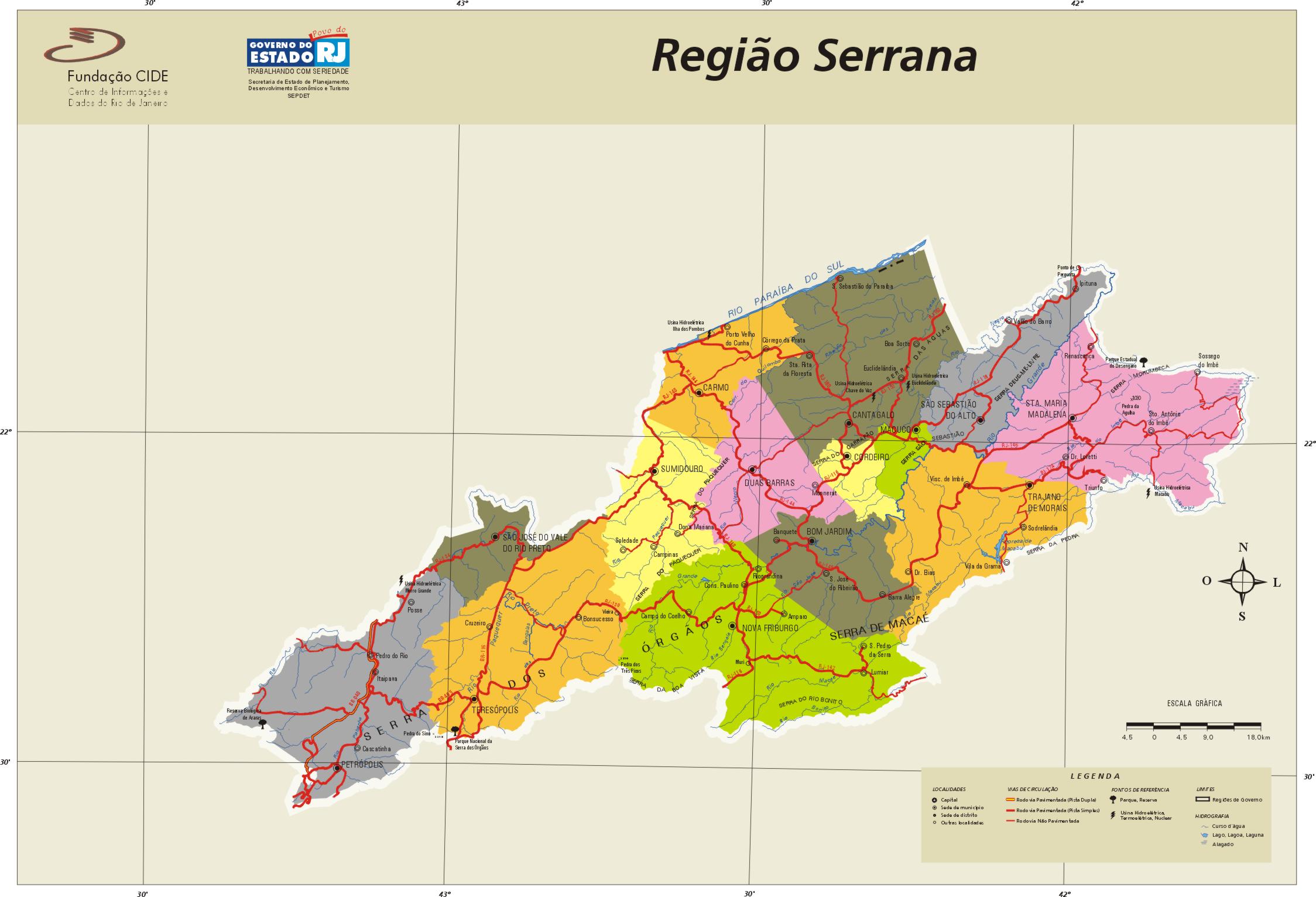 Serrana Region Map, Rio de Janeiro State, Brazil