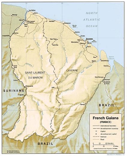 Guyane, (French Guiana Shaded Relief Map), South America