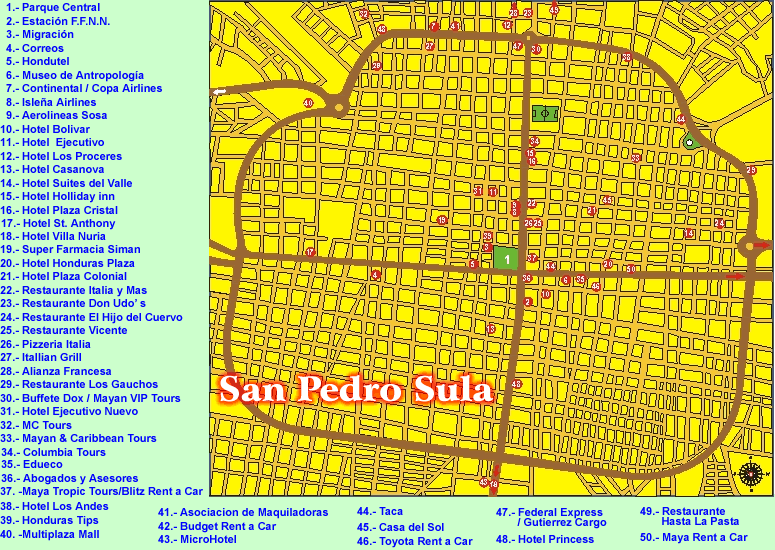 San Pedro Sula City Map, Cortes Department, Honduras