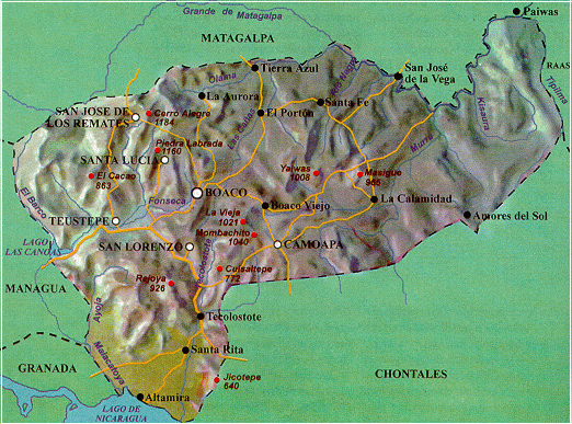 Boaco Department Relief Map, Nicaragua