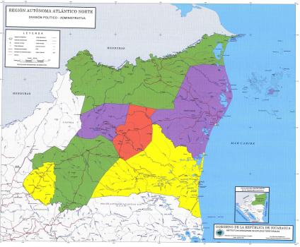 Mapa, División Político-Administrativa, Región Autónoma del Atlántico Norte, Nicaragua