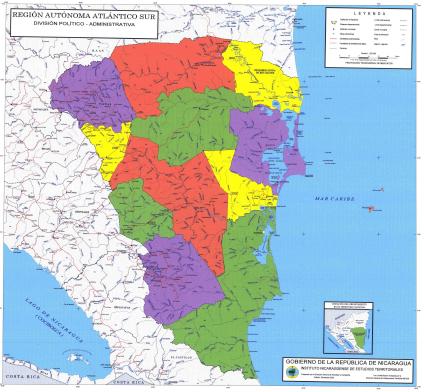 Mapa, División Político-Administrativa, Región Autónoma del Atlántico Sur, Nicaragua