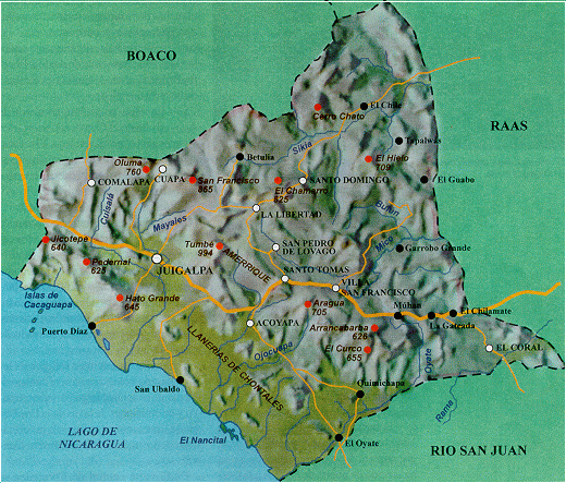 Mapa Físico del Departamento de Chontales, Nicaragua