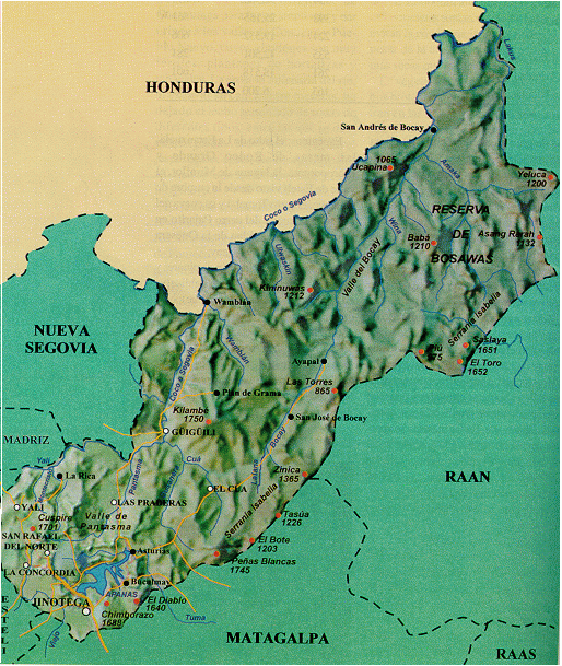 Mapa Físico del Departamento de Jinotega, Nicaragua