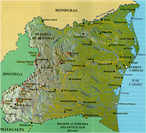 Mapa Físico de la Region Autónoma Atlántico Norte (RAAN), Nicaragua