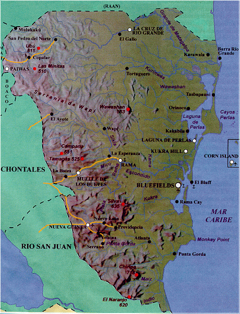 Mapa Físico de la Region Autónoma Atlántico Sur (RAAS), Nicaragua