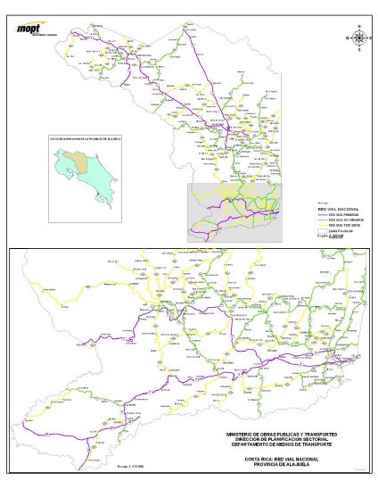 Alajuela Province Road Network Map, Costa Rica