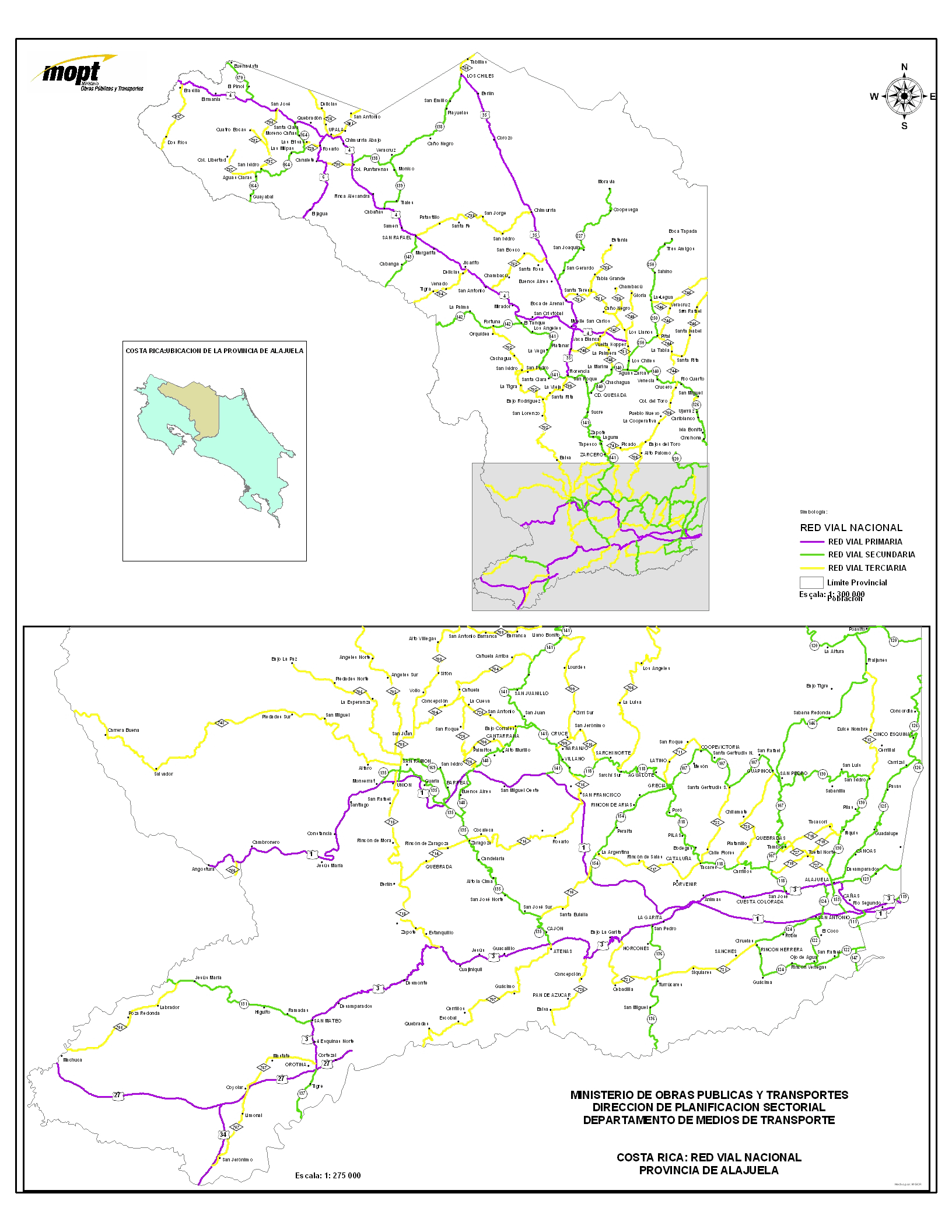 Alajuela Province Road Network Map, Costa Rica