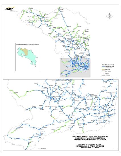 Alajuela Province Roads, Type of Surface Map, Costa Rica