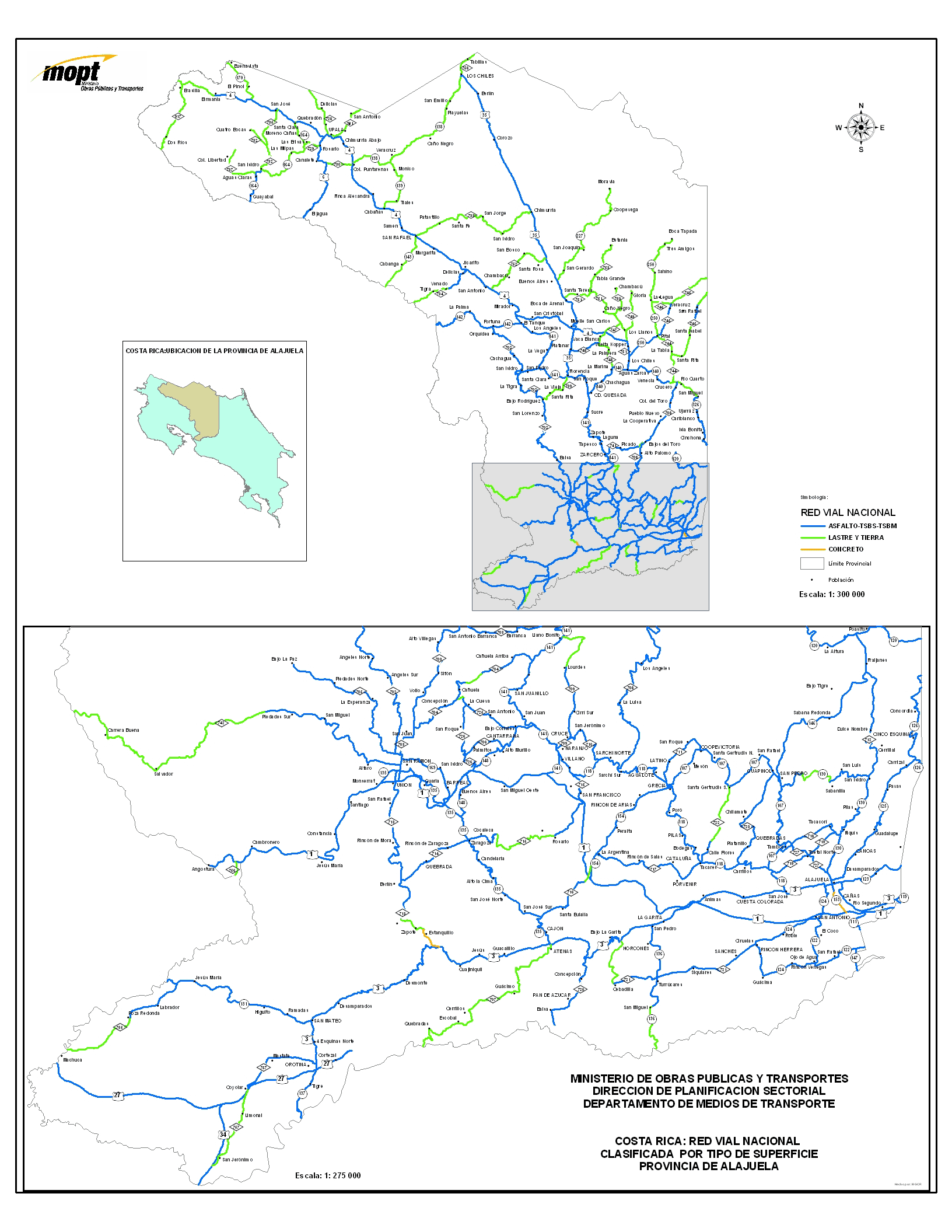 Alajuela Province Roads, Type of Surface Map, Costa Rica