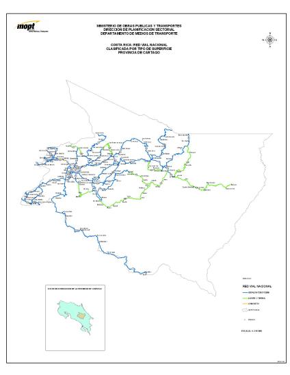 Cartago Province Roads, Type of Surface Map, Costa Rica