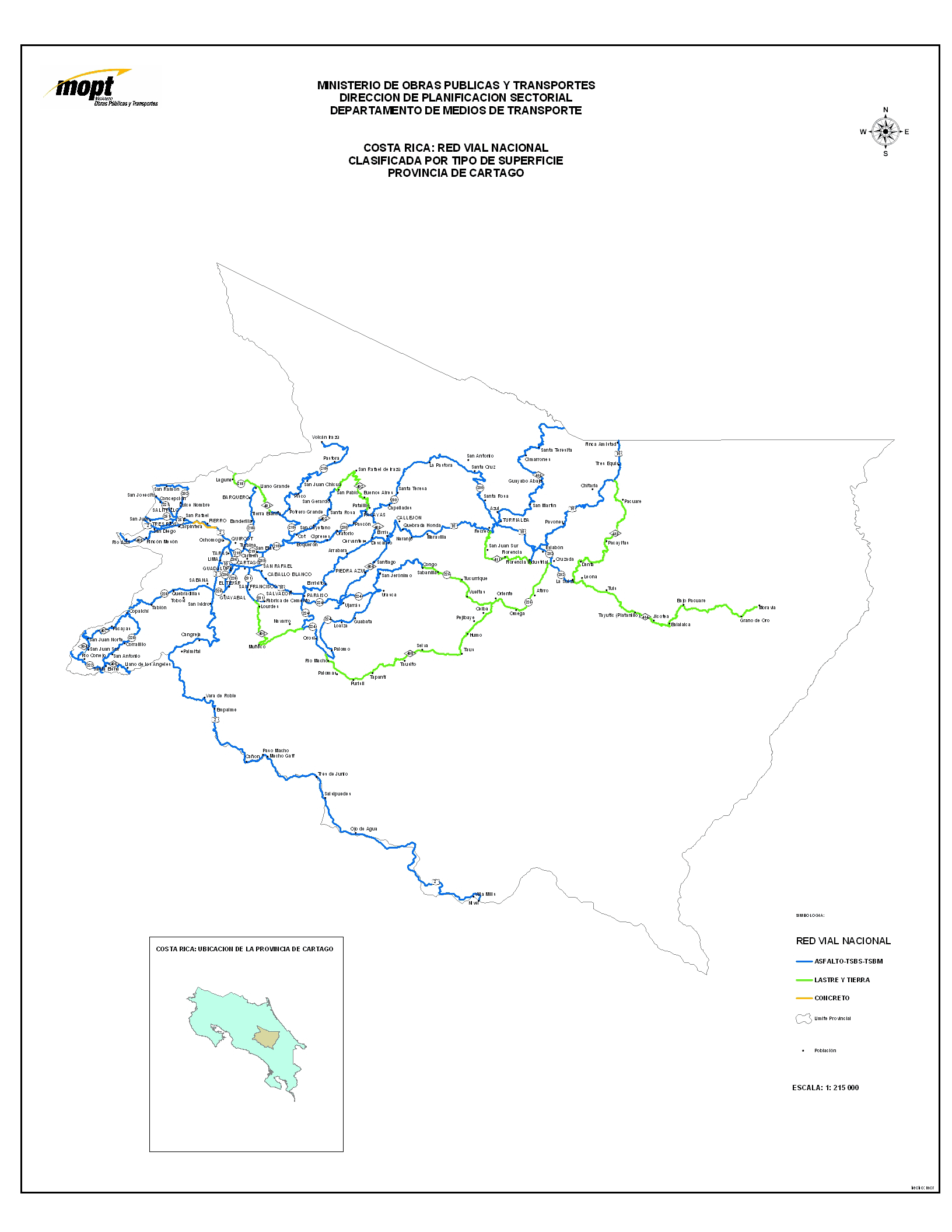 Cartago Province Roads, Type of Surface Map, Costa Rica