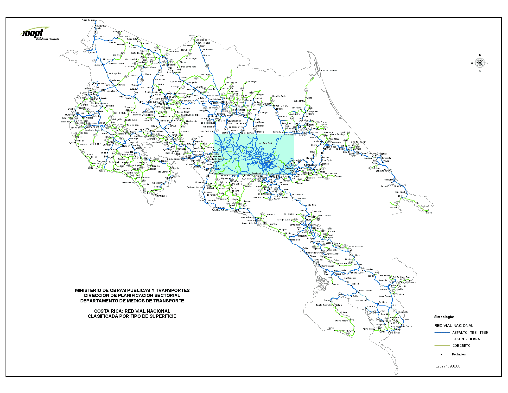 Costa Rica Roads, Type of Surface Map