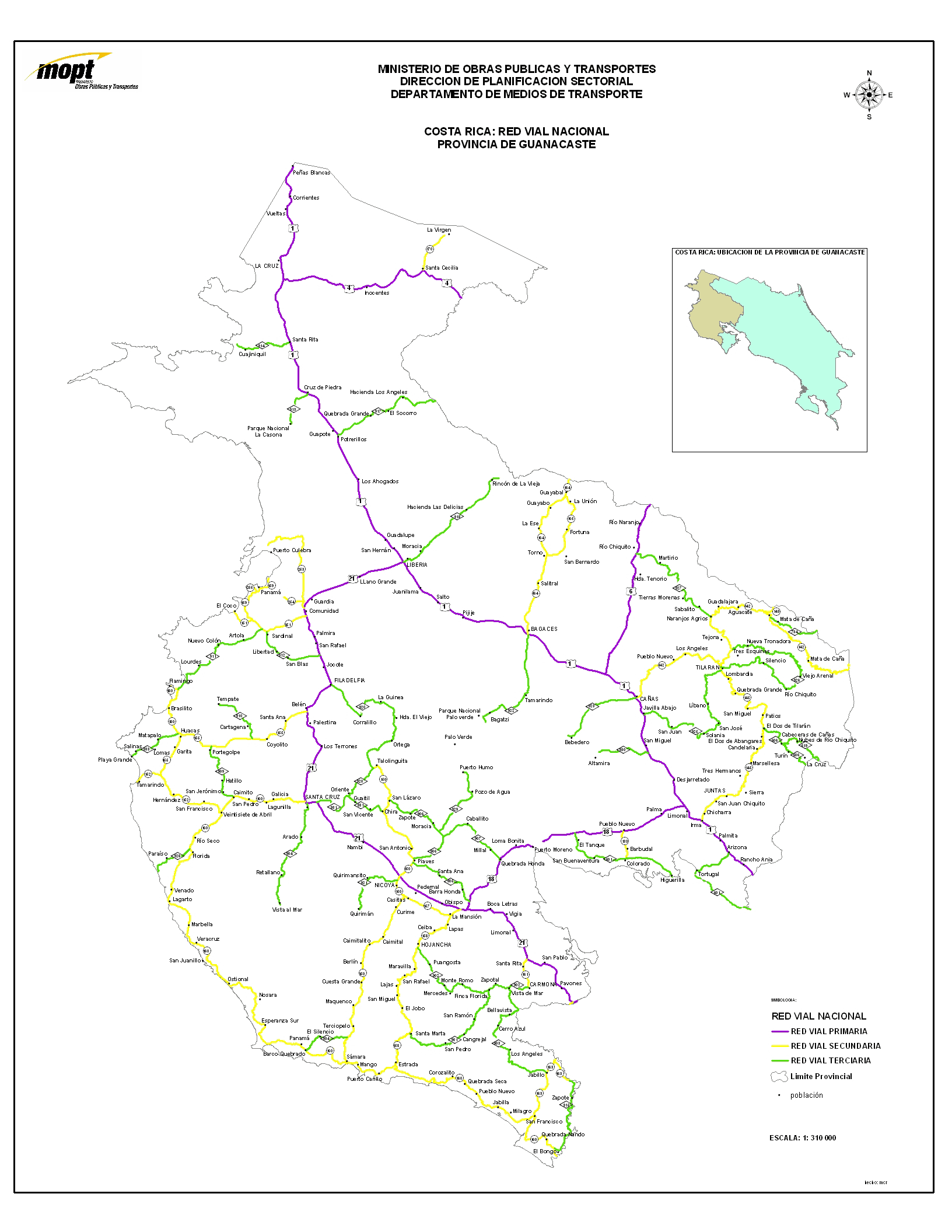 Guanacaste Province Road Network Map, Costa Rica