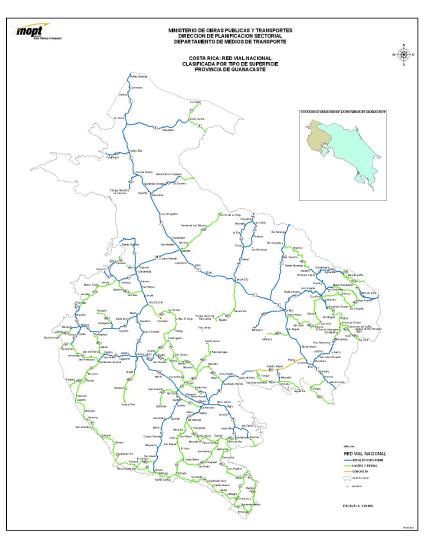 Guanacaste Province Roads, Type of Surface Map, Costa Rica
