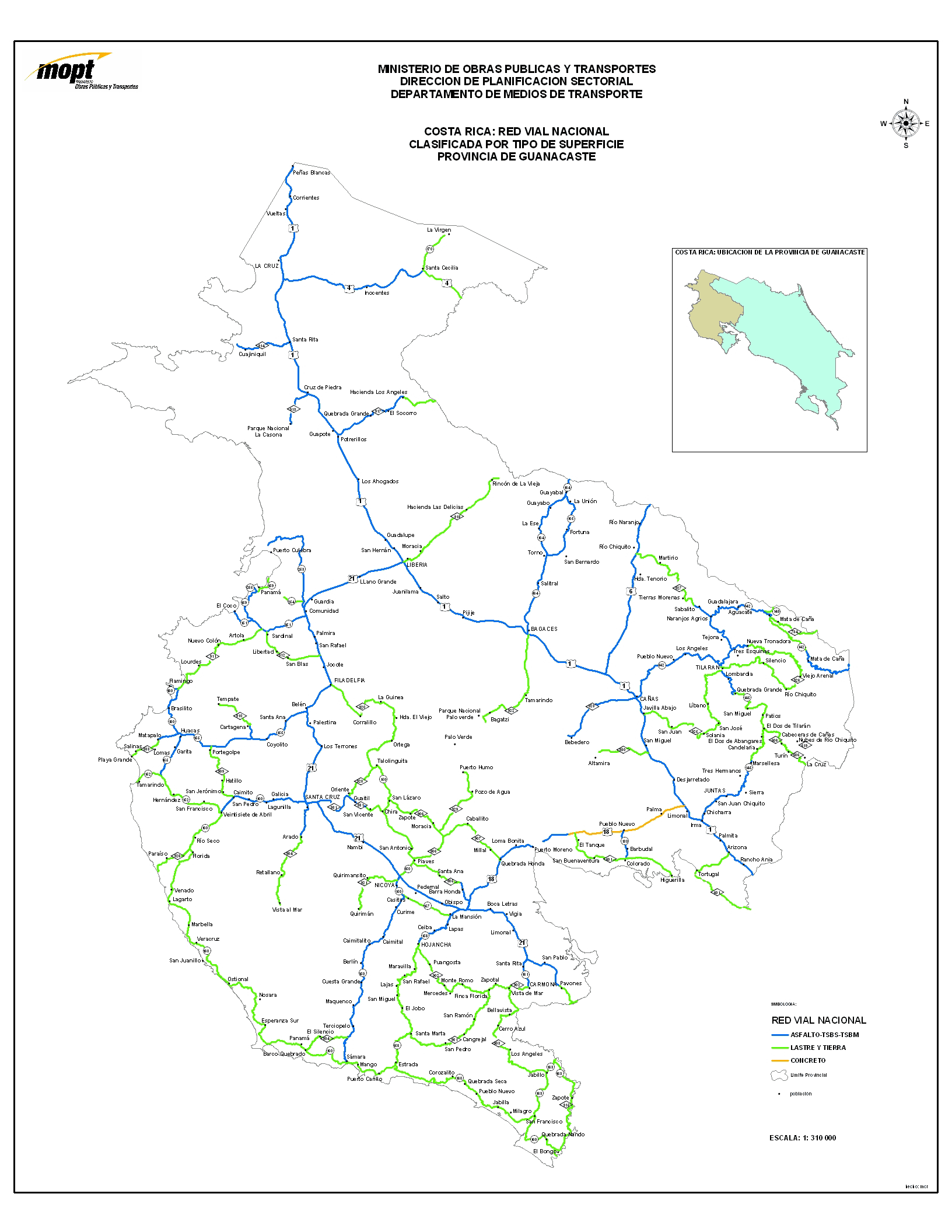 Guanacaste Province Roads, Type of Surface Map, Costa Rica