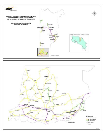 Heredia Province Road Network Map, Costa Rica