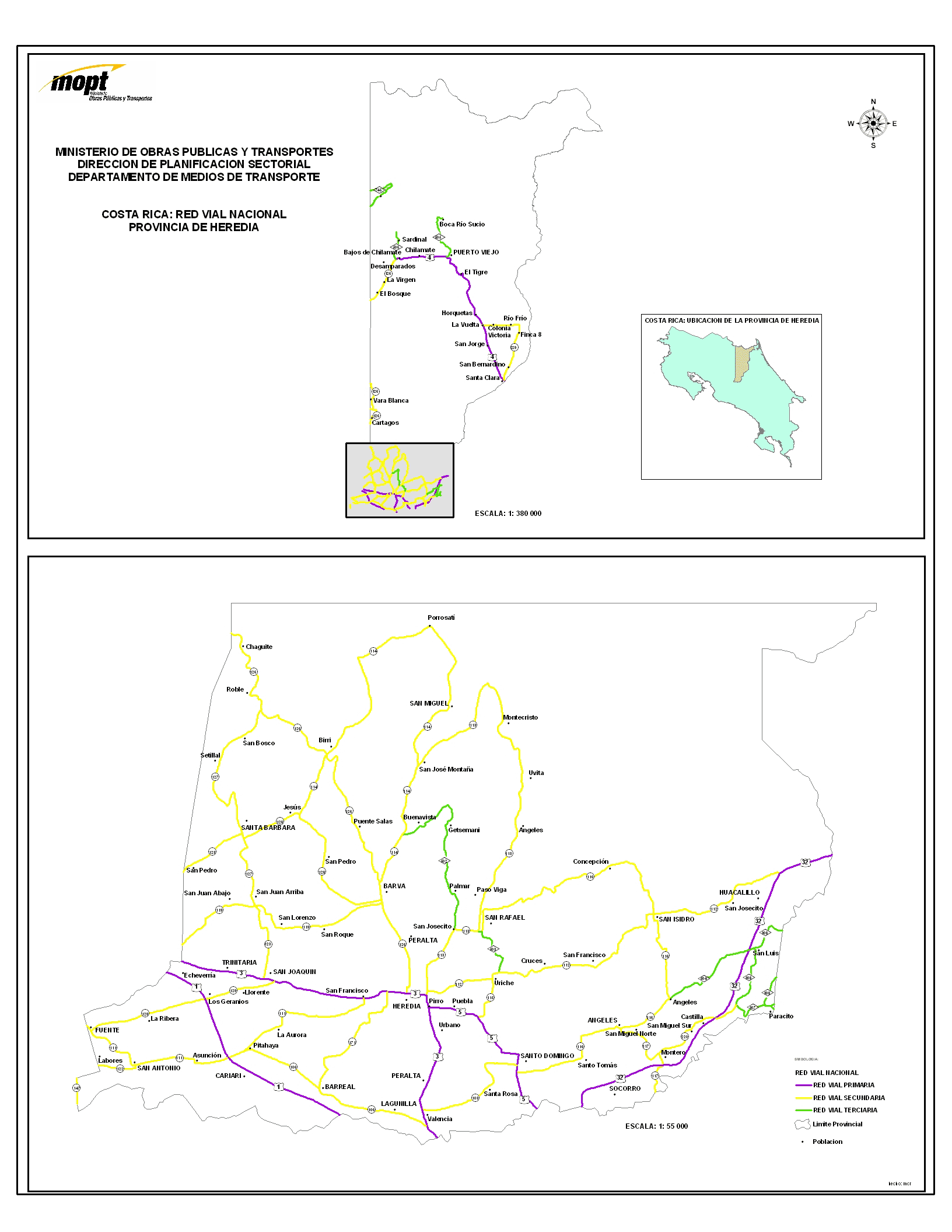 Heredia Province Road Network Map, Costa Rica