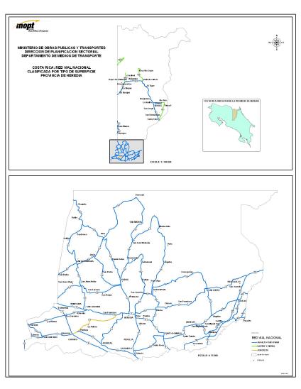 Heredia Province Roads, Type of Surface Map, Costa Rica