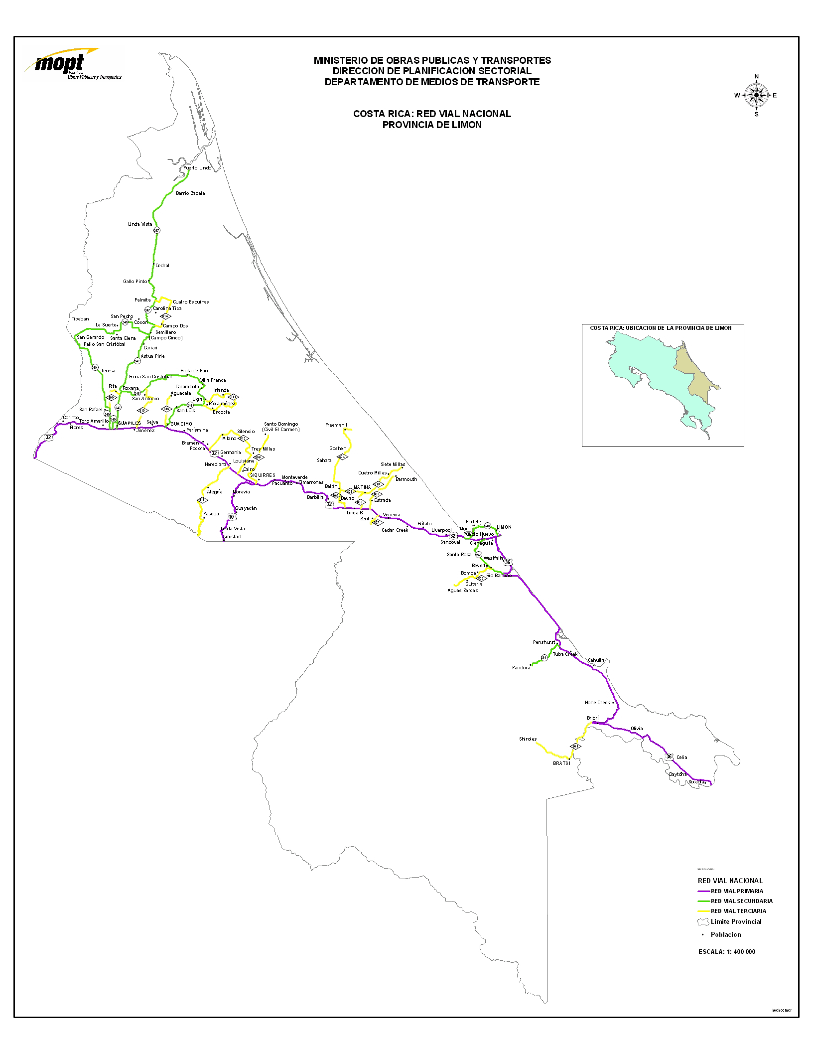 Limón Province Road Network Map, Costa Rica