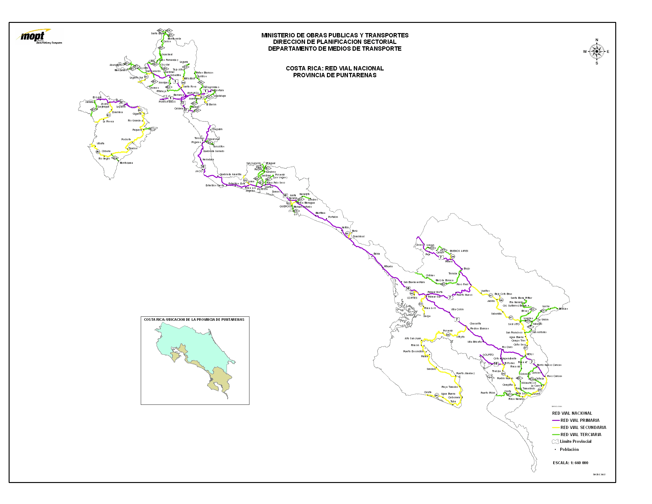 Puntarenas Province Road Network Map, Costa Rica