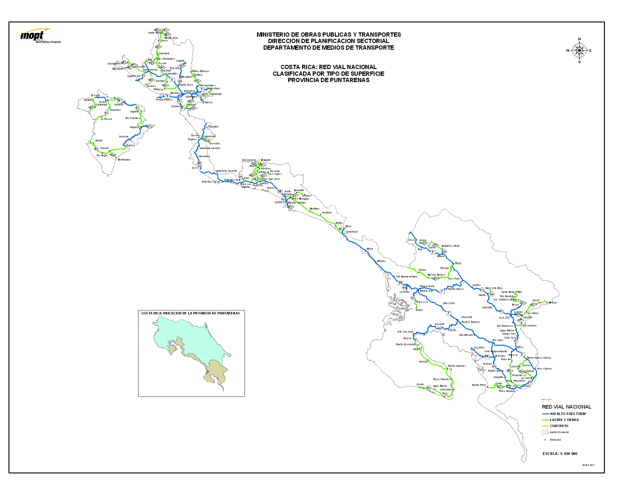 Puntarenas Province Roads, Type of Surface Map, Costa Rica