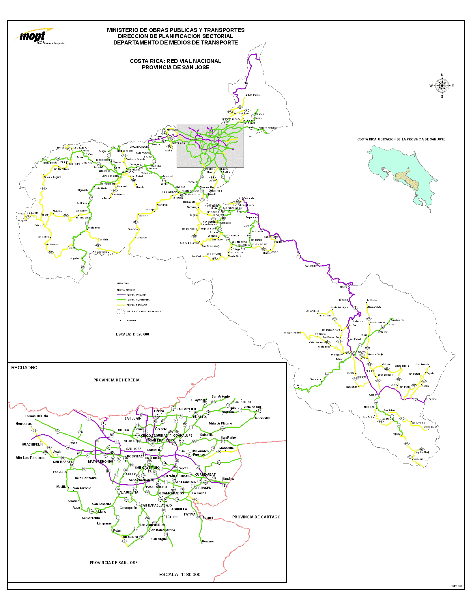 San José Province Road Network Map, Costa Rica